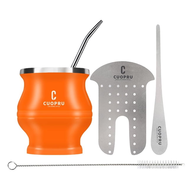 Cuopru Yerba Mate - Juego de Tazas y Bombillas - Incluye Taza Moderna, Moldeador, Bombilla y Cepillo de Limpieza (Naranja)