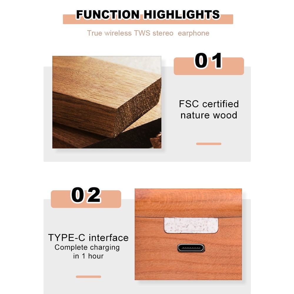 TWS Bluetooth Wooden Designed Earphones with USB Charging Case