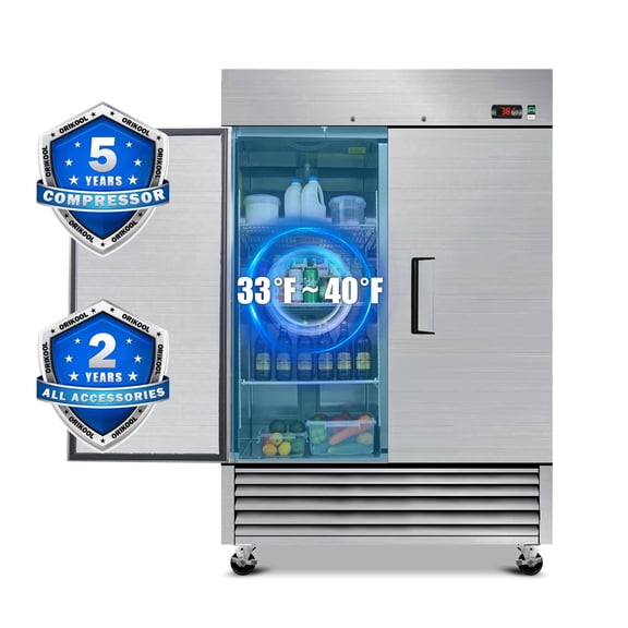 WHALLPRO 54" Commercial Refrigerator 49 Cu.ft with 2 Solid Door Reach-In Refrigerators Stainless Steel ETL Approved Upright Fridge Storage