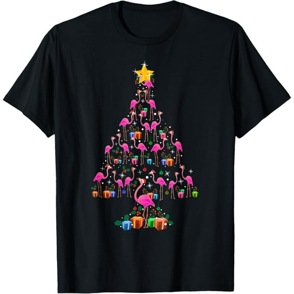 Pink Flamingo Christmas Tree Cute Adult T-Shirt