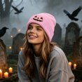 thumbnail image 6 of SYMOID Pink Embroidered Pumpkin O'Lantern Beanie - Cuffed Ribbed Knit Winter Hat for Unisex Hats,Size Free Size, 6 of 7