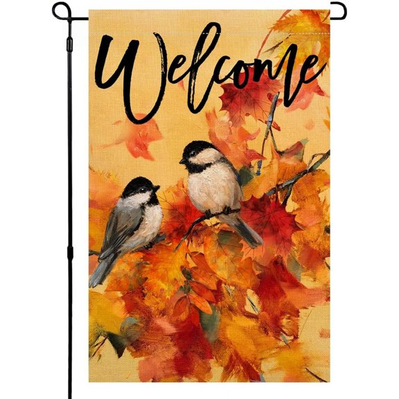 Shmbada Fall Bird Garden Flag 12x18 Vertical Double Sided Welcome Maple Leaves Autumn Thanksgiving Holiday Outside Decorations Burlap Yard Flag