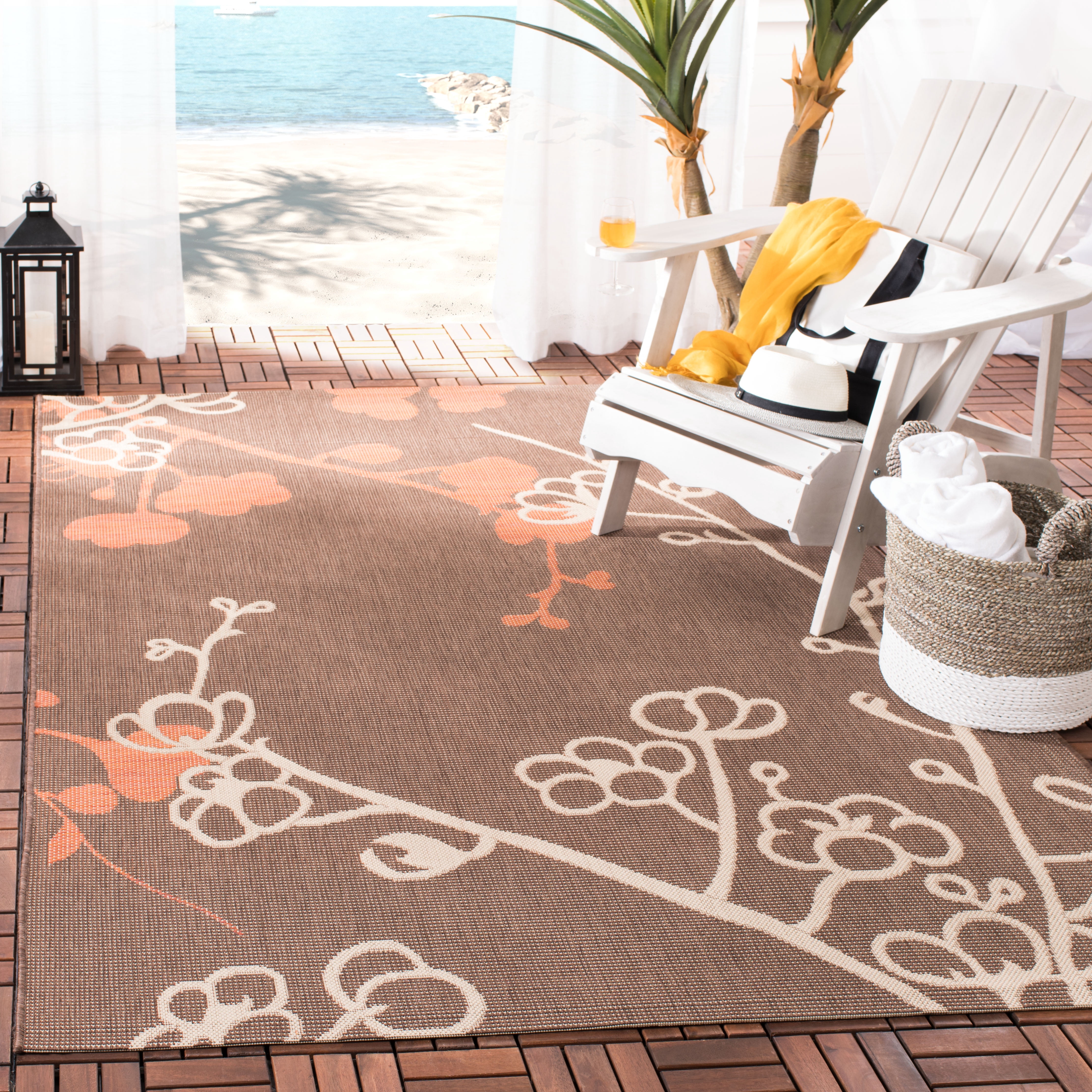 SAFAVIEH Courtyard Christian Floral Indoor/Outdoor Area Rug, 4' x 5'7", Natural Brown/Terracotta