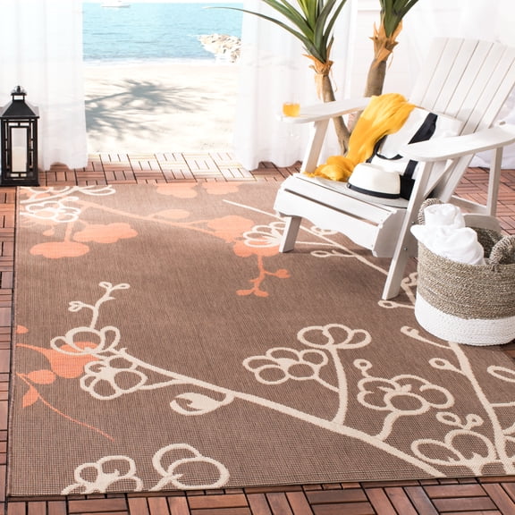 SAFAVIEH Courtyard Christian Floral Indoor/Outdoor Area Rug, 5'3" x 7'7", Natural Brown/Terracotta