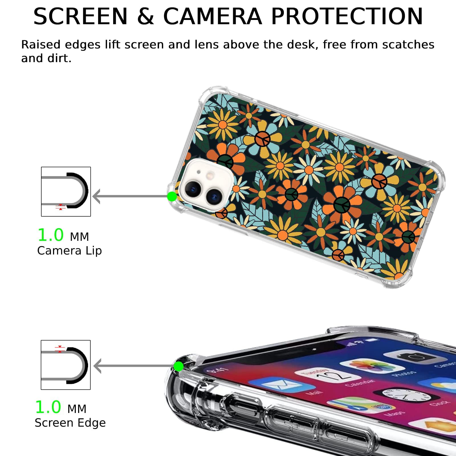 GVIEWIN for iPhone 12 Case and iPhone 12 Pro Case with Screen Protector +  Camera Lens Protector, Clear Floral Flexible TPU Shockproof Women Girls