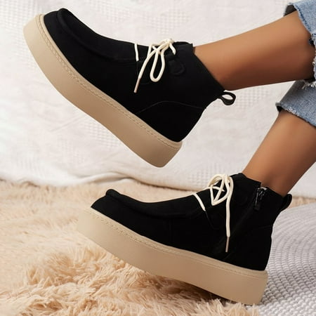 

XDDST Large Size Booties for Women Ankle-High Flat Large Boots for Women Autumn and Winter New Thick Sole Non Slip Front Lace Up Fashion Versatile High Fashion Shoes for Women Black