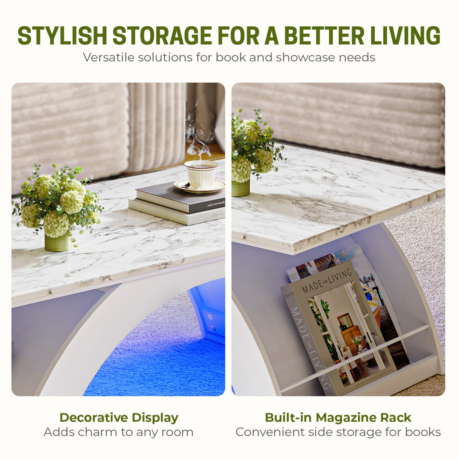 Coffee Tables for Living Room, 45" Marble Coffee Table with RGB Strip, Smart Coffee Table with Storage for Living Room/Dining Reception