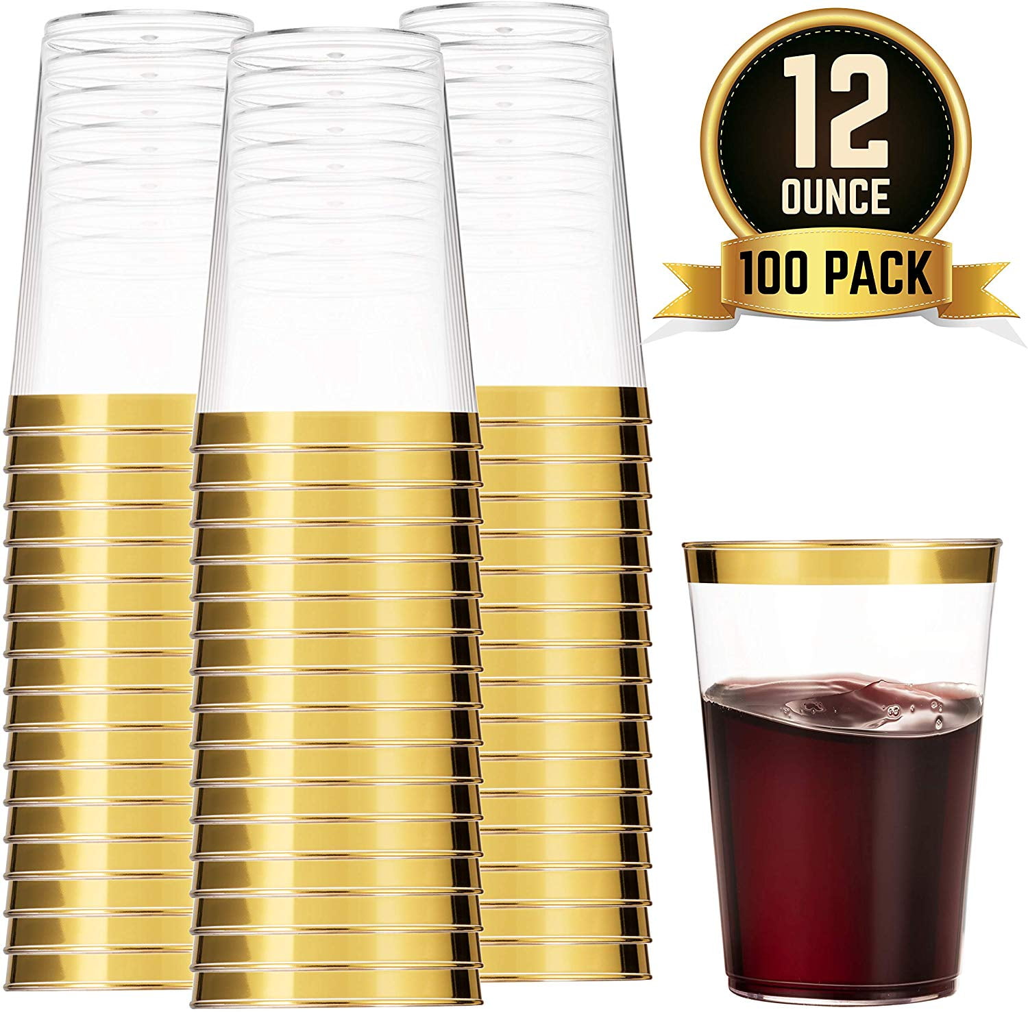 Gold Rim Clear Plastic Elegant Disposable Party Cups 9 oz 100 pack 