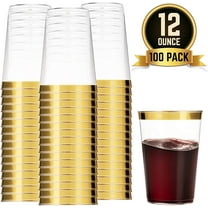 100 Gold Plastic Cups 12 Oz Clear Plastic Cups Tumblers Gold Rimmed Cups Fancy Disposable Wedding Cups Elegant Party Cups with Gold Rim
