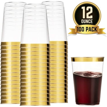 100 Gold Plastic Cups 12 Oz Clear Plastic Cups Tumblers Gold Rimmed Cups Fancy Disposable Wedding Cups Elegant Party Cups with Gold Rim