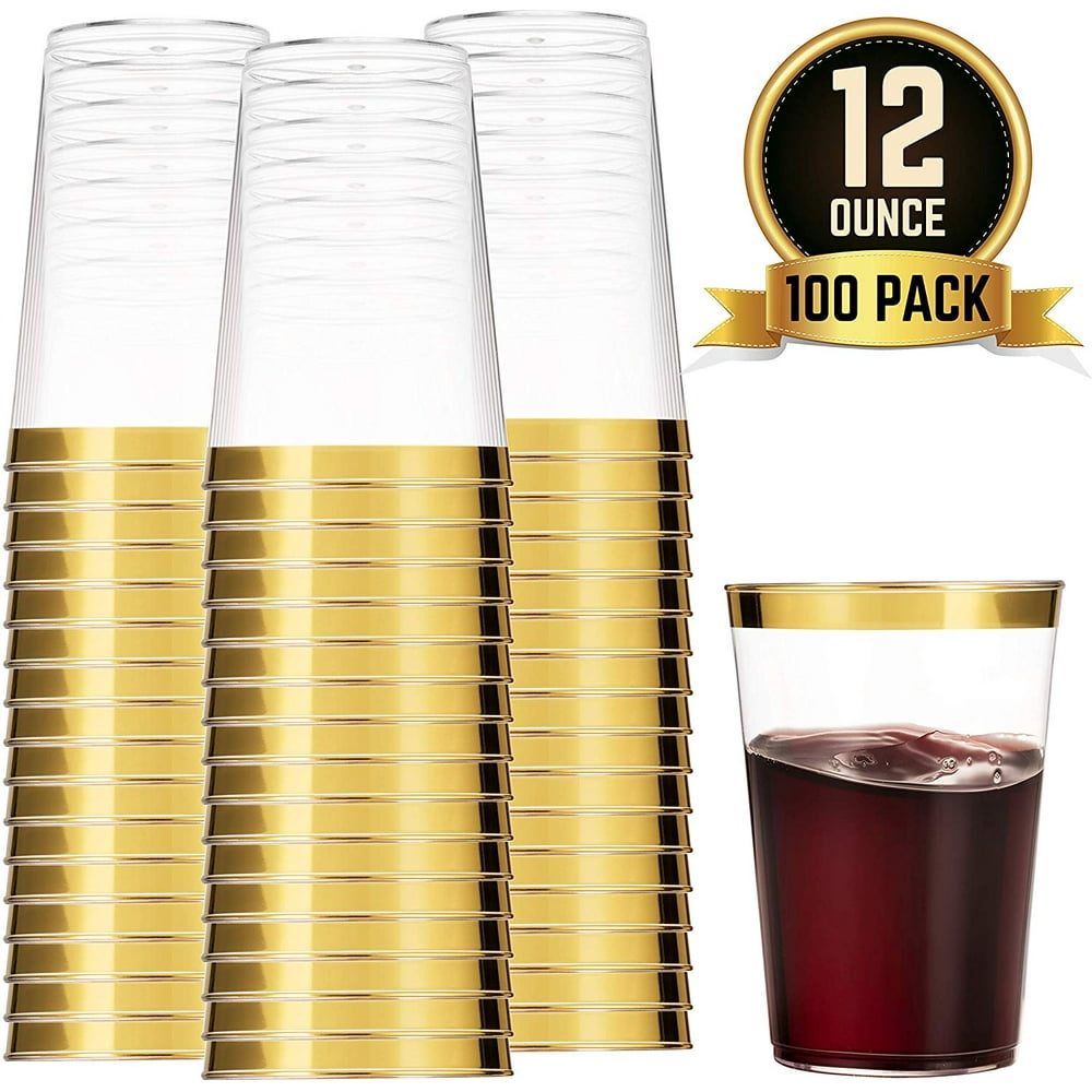 100 Gold Plastic Cups 12 Oz Clear Plastic Cups Tumblers Gold Rimmed