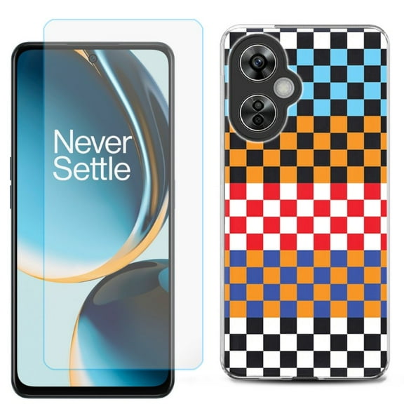 OneToughShield ® for OnePlus Nord N30 5G Shockproof Phone Case, with Tempered Glass Screen Protector - Colorful Checker