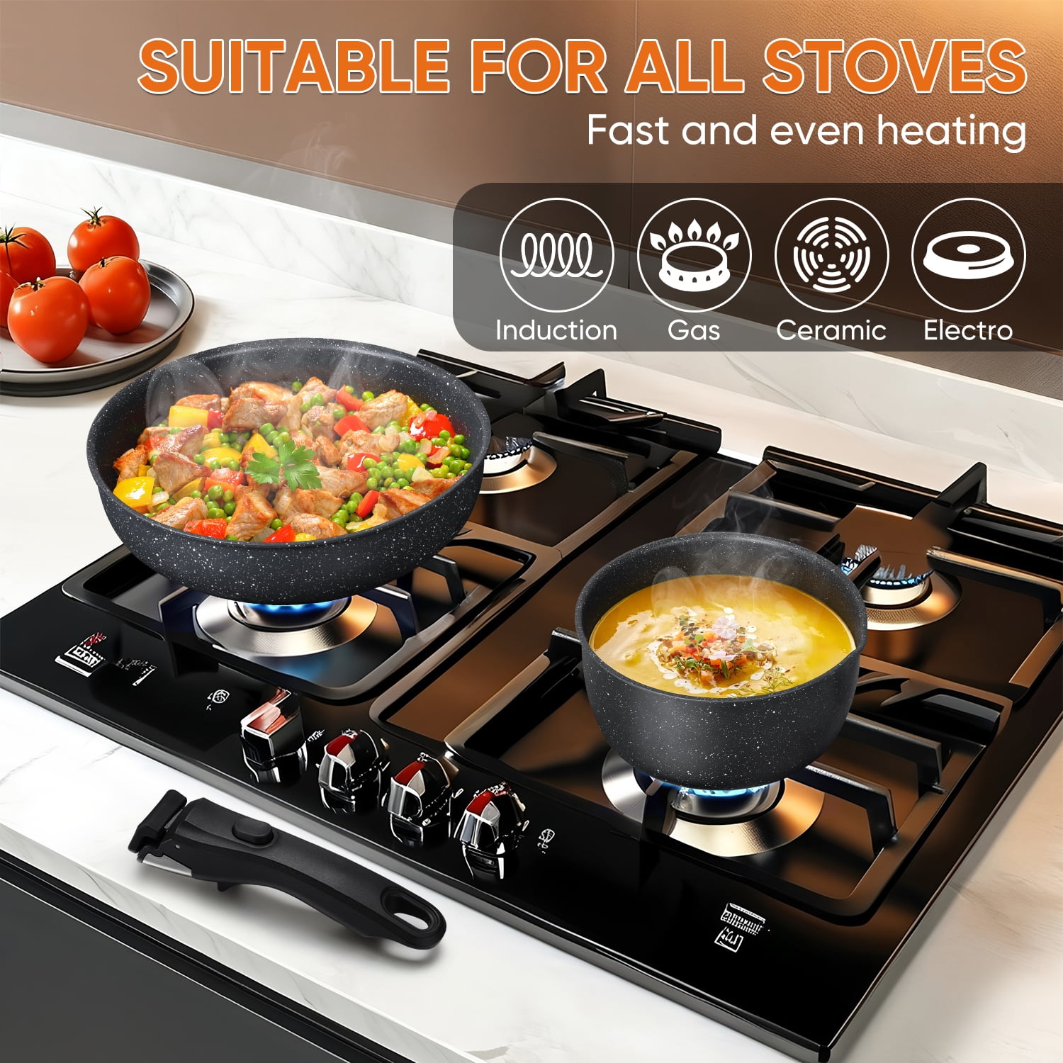 Vesteel 18Pcs Pots and Pans Set, Nonstick Cookware Set with Detachable Handles, Stackable Kitchen Cooking Set with Silicone Utensils Set, Induction Compatible & Oven Safe - Black