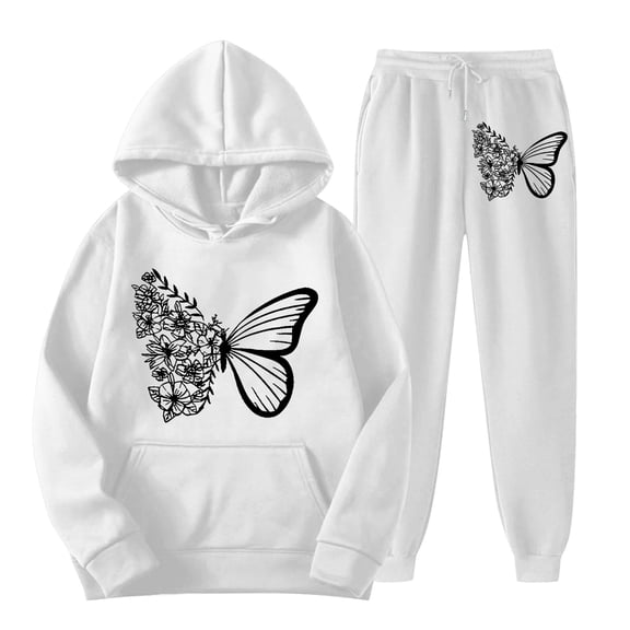 HSHMT Women's 2025 Fall Two Piece Women's 2 Piece Outfits Butterfly Print Hoodies Pullover Sweatshirt Sweatsuits Joggers Pants With Pockets