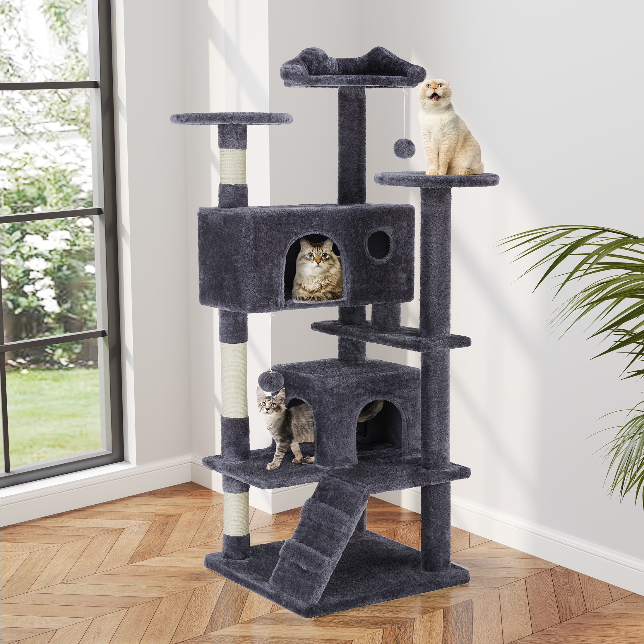 EDX 54" Cat Tree Tower for Indoor Cats, Multi-Level Pet Furniture with Sisal Scratching Post, Large Cozy Condo, Climbing Ramp, Kitten Toy, Dark Grey