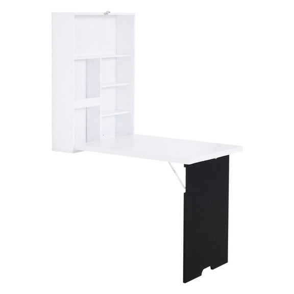 COCOKUN Foldable Wall Desk with Blackboard, Fold Out Convertible Floating Desk with Shelves, Multi-Function Office Workstation, White