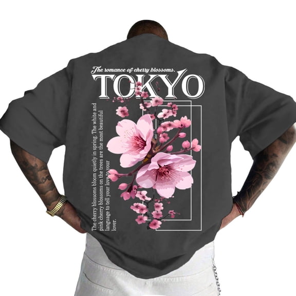 Yopmin Japanese Shirts for Men Tokyo Floral Print Short Sleeve Crew Neck T Shirt Fashion Holiday Tops for Party