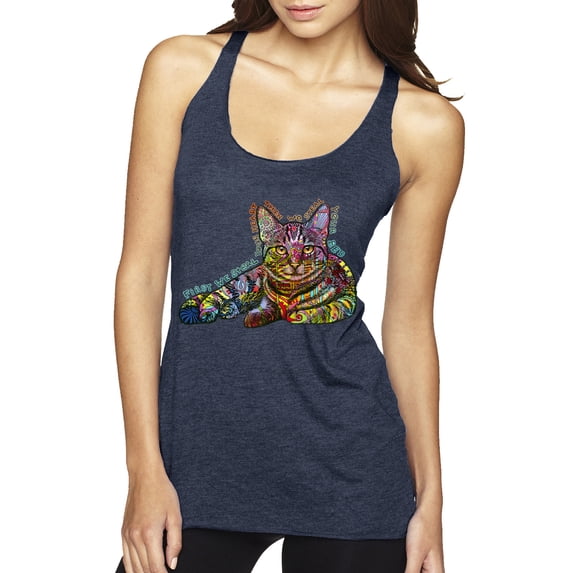 First We Still Your Heart Then Your Bed | Funny Neon Colorful Cat | Dean Russo Art Animal Lover Tri-Blend Racerback Tank Top, Vintage Navy, Large