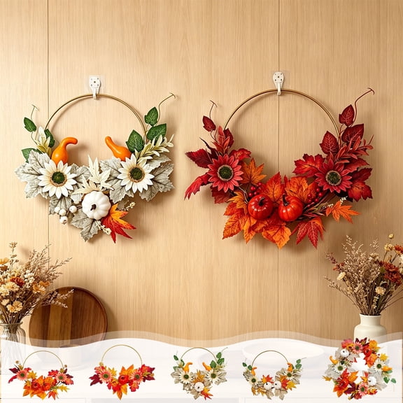 Halloween Sale Clearance!Fall Decorations for Home, Fall Artificial Sunflower Pumpkin Wreath Door Wreath With Maple Leaves For Thanksgiving Decor