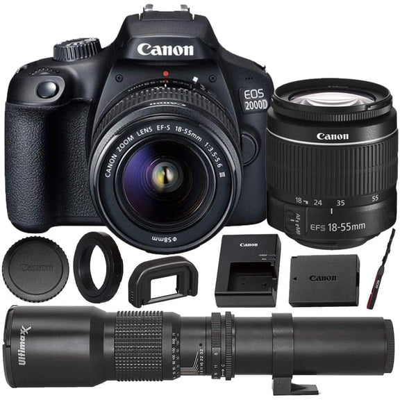 Canon EOS 2000D (Rebel T7, International Model) DSLR Camera with EF-S 18-55mm f/3.5-5.6 DC III Lens and Deluxe Accessory Bundle, Includes 500mm Preset Telephoto Lens and More