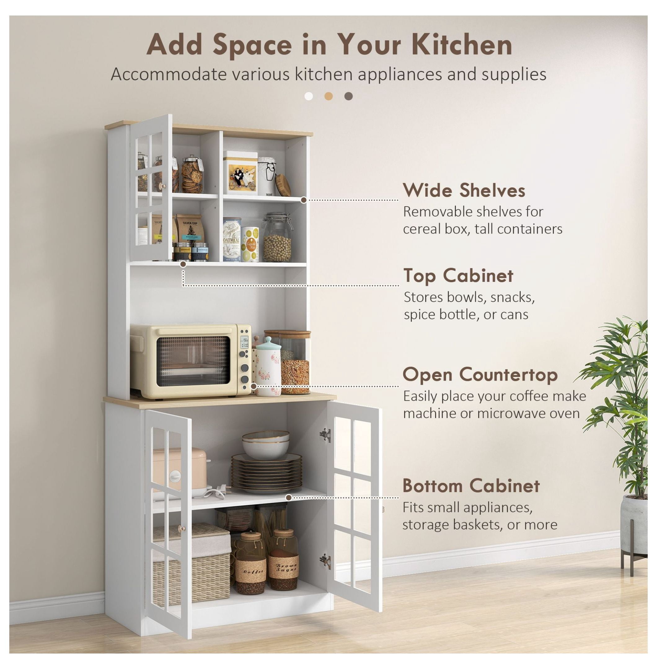 72" Kitchen Pantry Cabinet, Freestanding Storage with Hutch & Glass Doors, White