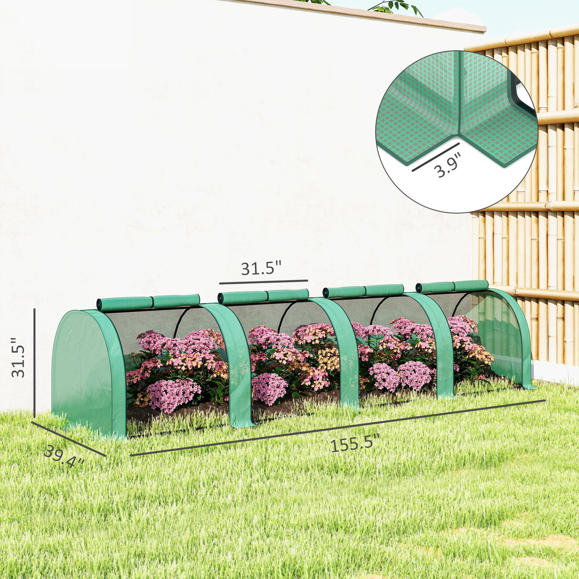 Outsunny Mini Greenhouse, 13' x 3' x 2.5' Portable Tunnels, 4 Roll-Up Zip Doors, UV Waterproof PE Cover, Steel Frame, Green