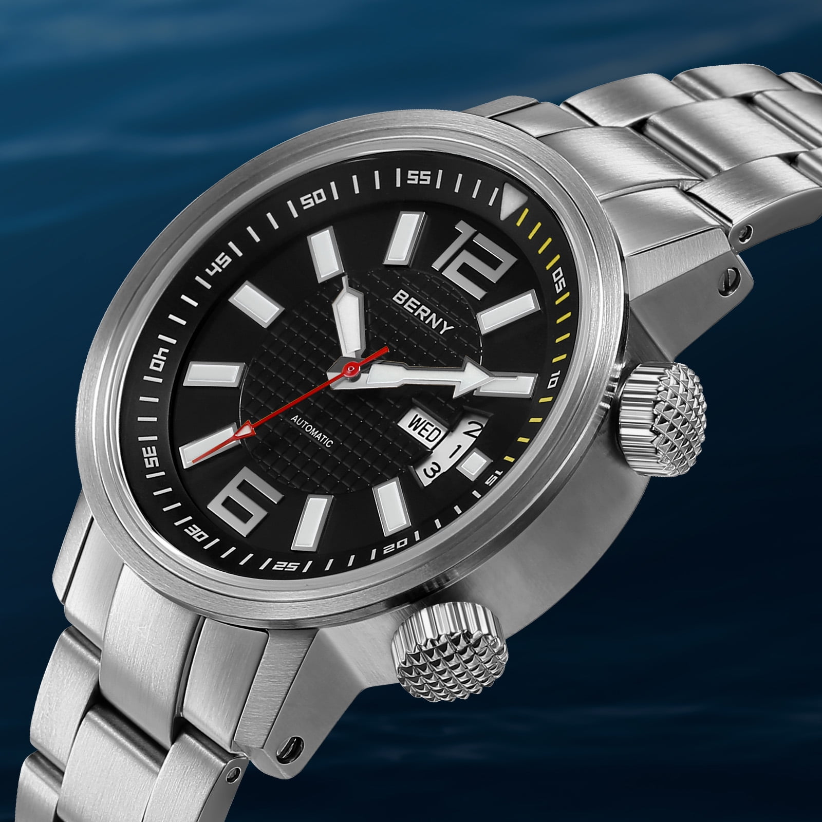 BERNY Automatic Dive Watches for Men, Sport 200M Waterproof Analog Mechanical Watch with Day & Date Calendar, Super Luminous, Stainless Steel, Sapphire Crystal, Fashion Men's Pro Diver Watch (Black)