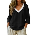 thumbnail image 2 of gbyLJF Womens Lace V Neck Shirts Cotton Lined Loose Fit 3/4 Length Sleeve T-Shirts Spring Solid Color Casual Tops Blouse, 2 of 6