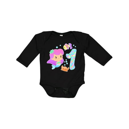 

Inktastic First Birthday Mermaid with fish and crab Girls Long Sleeve Baby Bodysuit