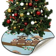 Wellsay Cute Owl Tree Branch Christmas Tree Mats Waterproof Tree Skirt,Leaves Flowers Xmas Tree Stand Tray Mat Floor Protector Pad for Holiday Party Decoration 28.3in