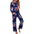 thumbnail image 3 of Women's Long Sleeve Sleepwear Soft Crew Neck Pyjama Set,Navy Blue Flowers, 3 of 5