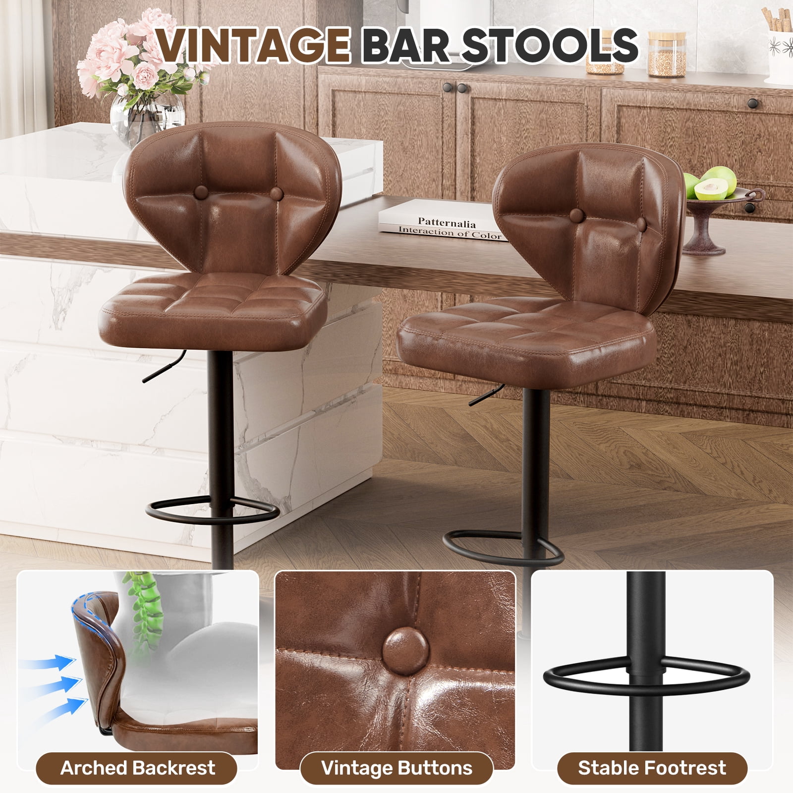 Hawsaiy Vintage Style Leather Bar Stool Set of 2 with Button-Tufted Design,Brown