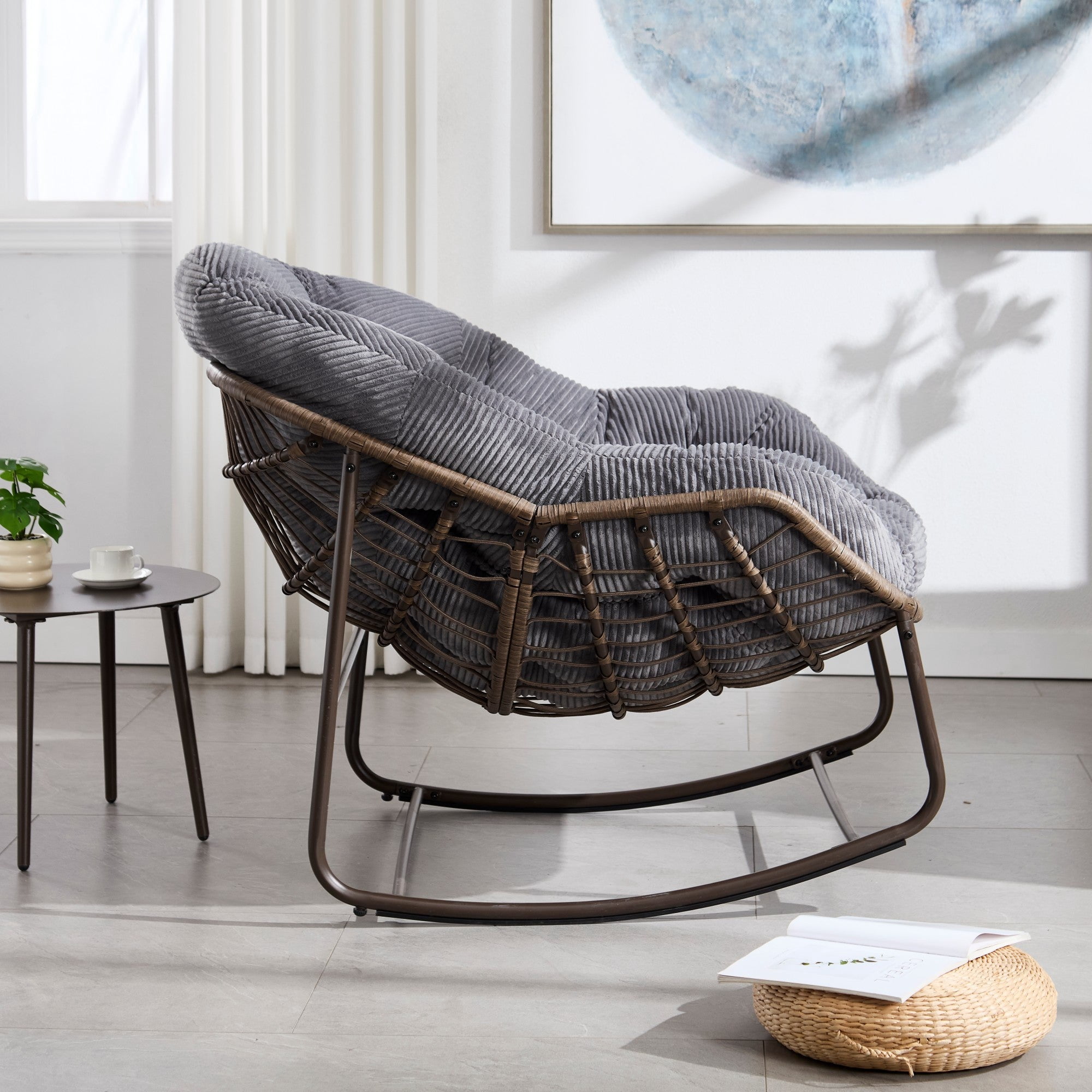 Sailvan Outdoor Rattan Rocking Chair,Oversized Wicker Egg Chair for Patio,Front Porch and Living Room Grey