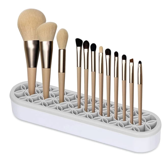 Caja de almacenamiento de escritorio con rejilla de secado al aire, soporte de silicona para brochas de maquillaje de grado alimenticio no tóxico, soporte de almacenamiento portátil y compacto para