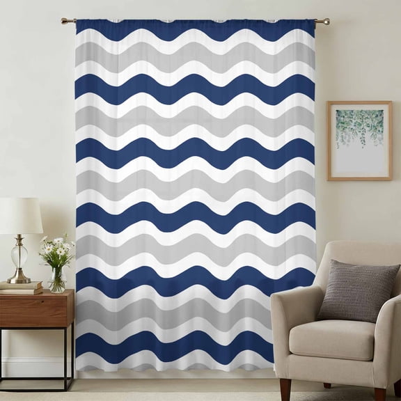 Navy Blue Grey White Sheer Curtains 84 Inches Long, Abstract Geometric Ocean Wave Stripe Light Filering Curtains, Breathable Simi Curtain Privacy Drapes for Living Room Bedroom Window Treatment