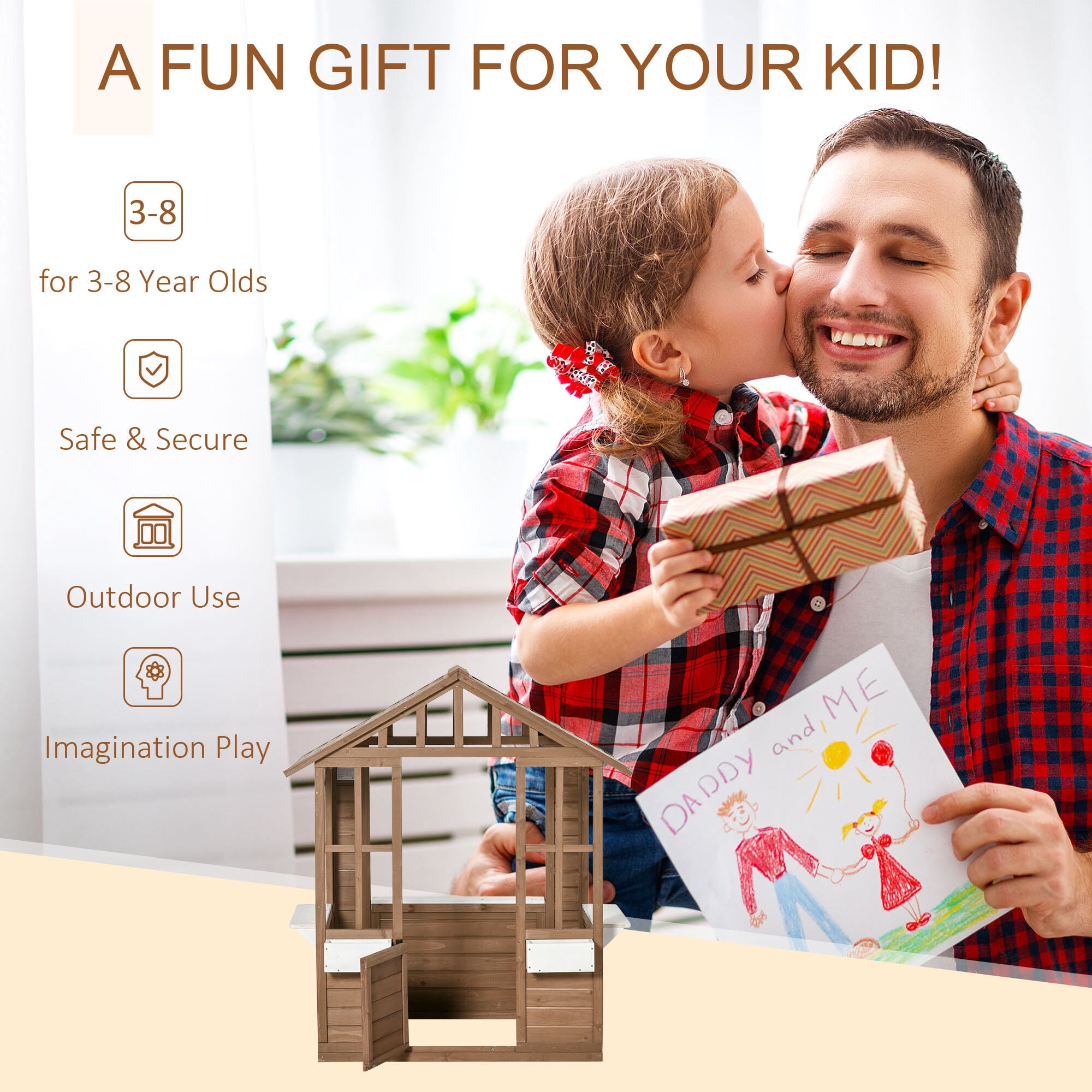 Baby Furniture, Kids Wooden Playhouse, Outdoor Garden Games Cottage, with Working Door, Windows, Flowers Pot Holder, 47" x 38" x 54", Brown Kids Furniture,Wood Kids Furniture