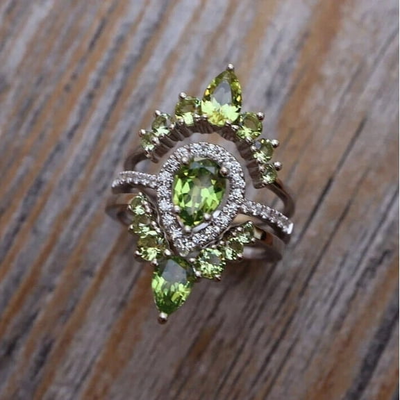 Bluebell Jewels Pear-Cut Green Peridot CZ Halo Ring Set in White Gold Finish with Leaf-Inspired Accents