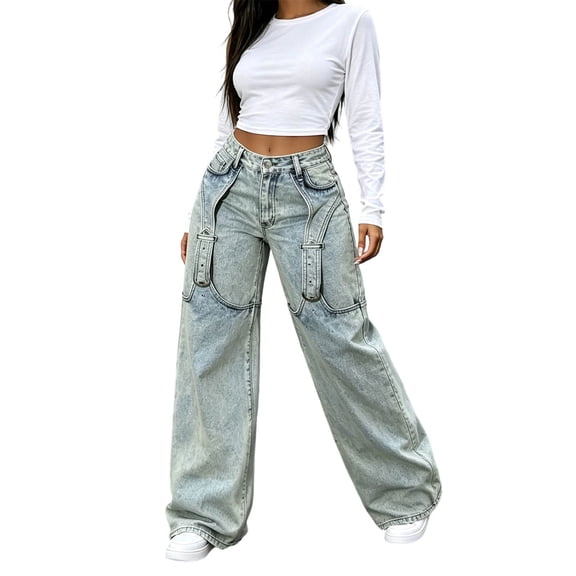 ATOYSOY Plus Size Women's Wide Leg Cargo Jeans Buckle Detail Fitted