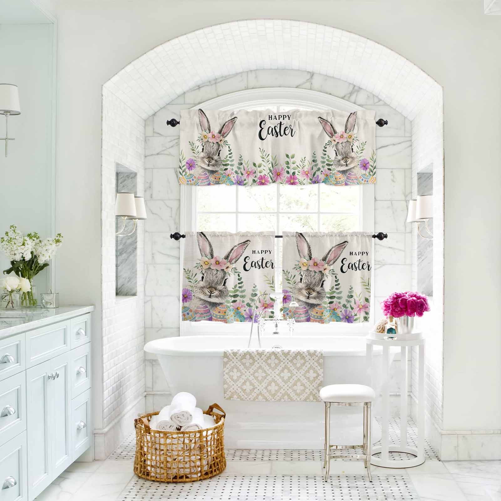 Happy Easter Kitchen Curtains Valances and Tiers Set of 3 Cute Spring Bunny Linen Texture Tier Curtains and Valance for Kitchen Bathroom Small Windows 27.5"W x 36"L (Pack of 3)
