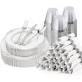 thumbnail image 1 of 175PCS White and Silver Plastic Plates for 25 Guests, Disposable Dinnerware Sets Include 50 Plastic Plates, 25 Silverwares, 25 Cups, and 25 Pre Rolled Napkins for Party, Graduation, 1 of 8