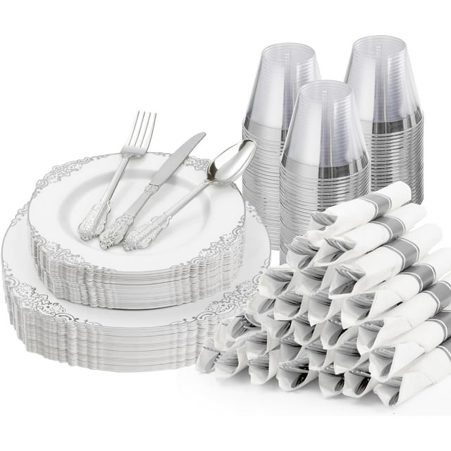 175PCS White and Silver Plastic Plates for 25 Guests, Disposable Dinnerware Sets Include 50 Plastic Plates, 25 Silverwares, 25 Cups, and 25 Pre Rolled Napkins for Party, Graduation