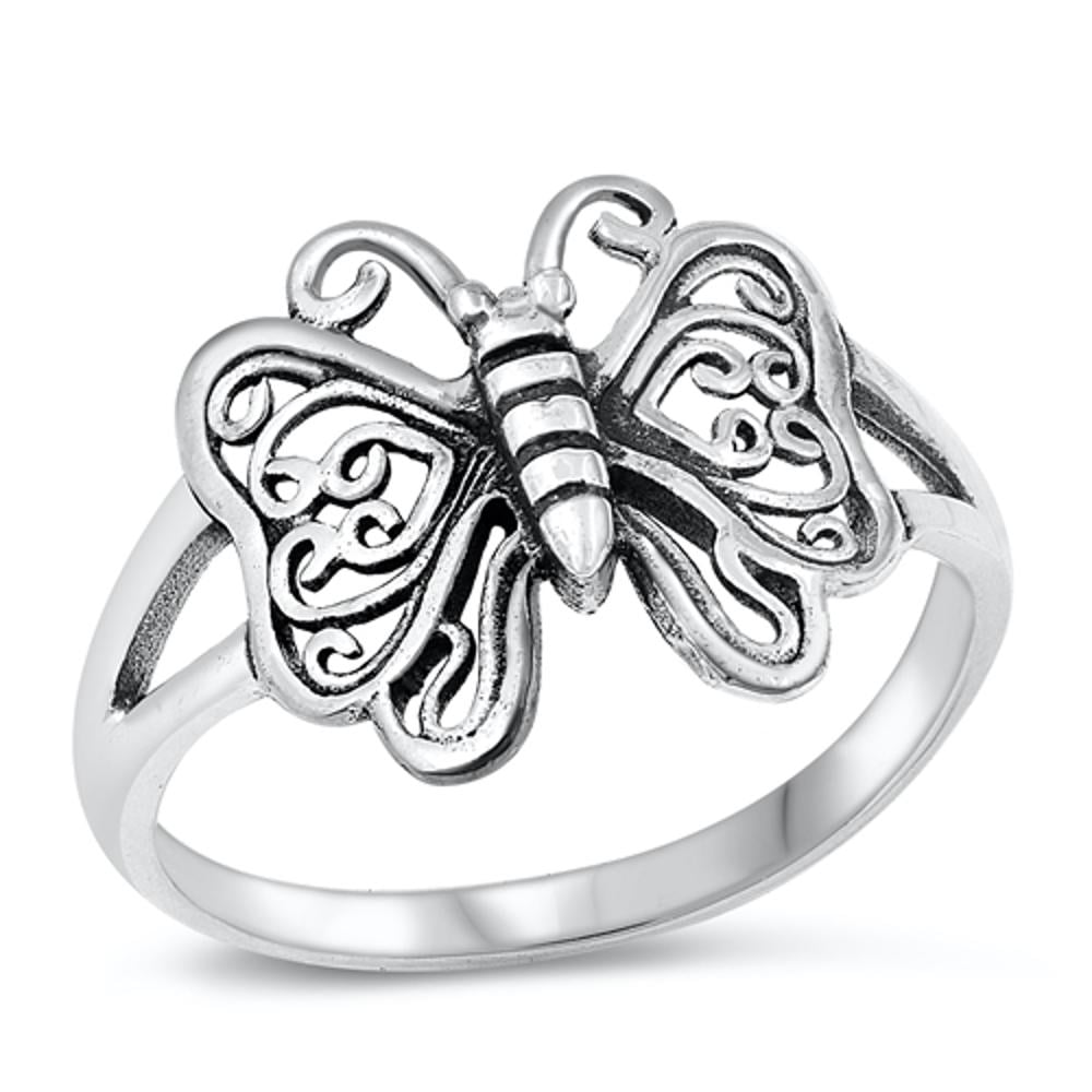 Oxidized Butterfly Filigree Heart Wings Ring 925 Sterling Silver