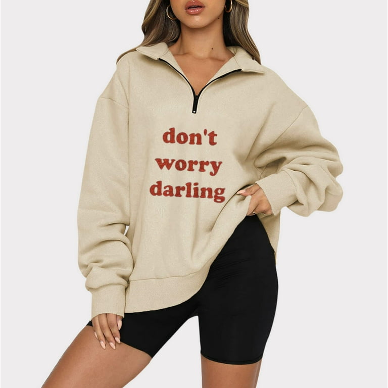 RQYYD Womens Oversized Half Zip Pullover Tops Letter Print Long Sleeve Sweatshirt Quarter Zip Trendy Hoodie Ouffits Teen Girls Fall Y2K Clothes
