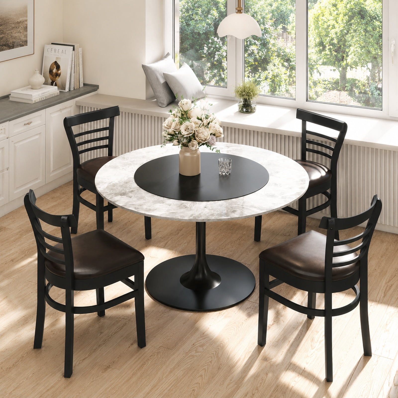 Furnibear Wooden Dining Chairs Set of 2 with Faux Leather Seats and Rubber Wood Legs for Restaurant Kitchen and Dining Room, Black