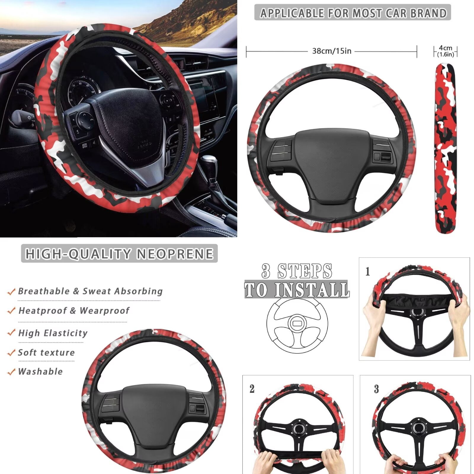 FKELYI Camo Red Print Car Seat Covers with Steering Wheel Cover Seatbelt Pads Cover Cup Coaster Armrest Pads Hearest Cover Anti-Slip Gear Shift Knob Sleeve, 16 Pcs Car Interior Set