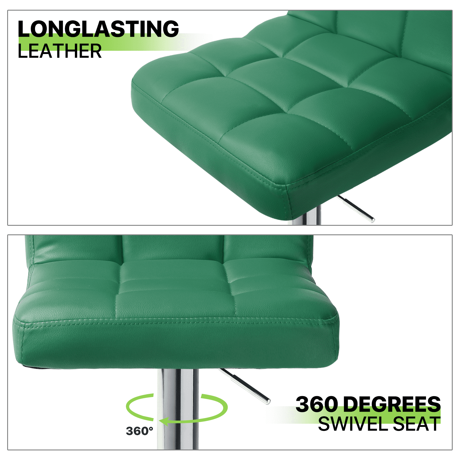 Magshion Modern Adjustable Swivel Bar Stools, Armless Kitchen Counter Barstools Faux Leather Square Island Barstool with Back Set of 2 Teal Green