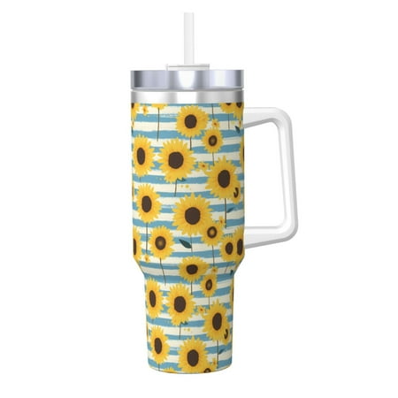 

Gaeub Blue White Striped Sunflower A Print Stainless Steel Hot/Cold Coffee Cup 40oz Ice Bully Cup With Handle And Straw Travel Coffee Cup