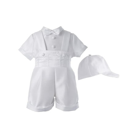 Little Angels Christening Baptism Baby Boy Dressy Shantung Shortall Set with Large Cross Embroideries & Hat