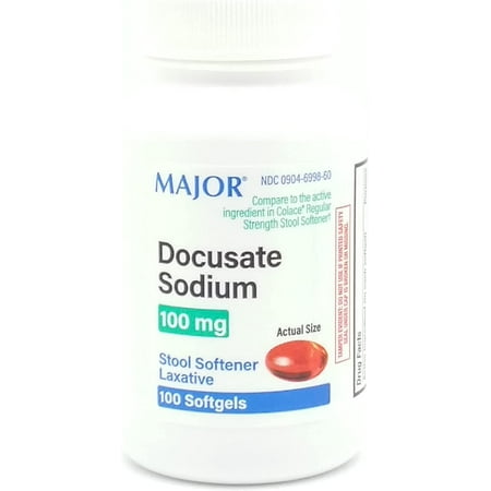 Major Pharmaceuticals Docusate Sodium 100 mg Stool Softener Laxative 100 Softgels Treat Occasional Constipation Irregularity Pack of 1 NDC 0904-6998-60