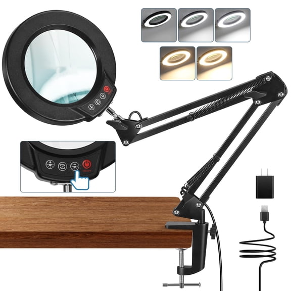 Veemagni Magnifying Glass with Light and Stand, Optical-Grade Glass Lens, 3 Color Modes Stepless Dimmable, Adjustable Swivel Arm, LED Magnifier Desk Lamp for Close Work Repair Crafts Reading, Black